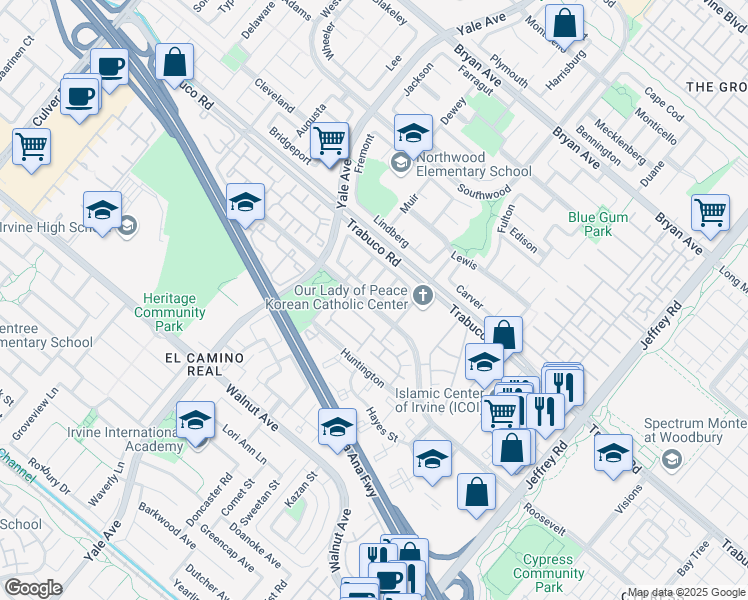 map of restaurants, bars, coffee shops, grocery stores, and more near 32 Pleasonton in Irvine