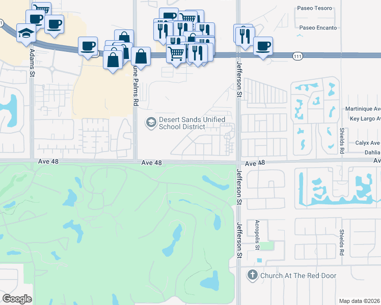map of restaurants, bars, coffee shops, grocery stores, and more near 79756 Cassia Street in La Quinta