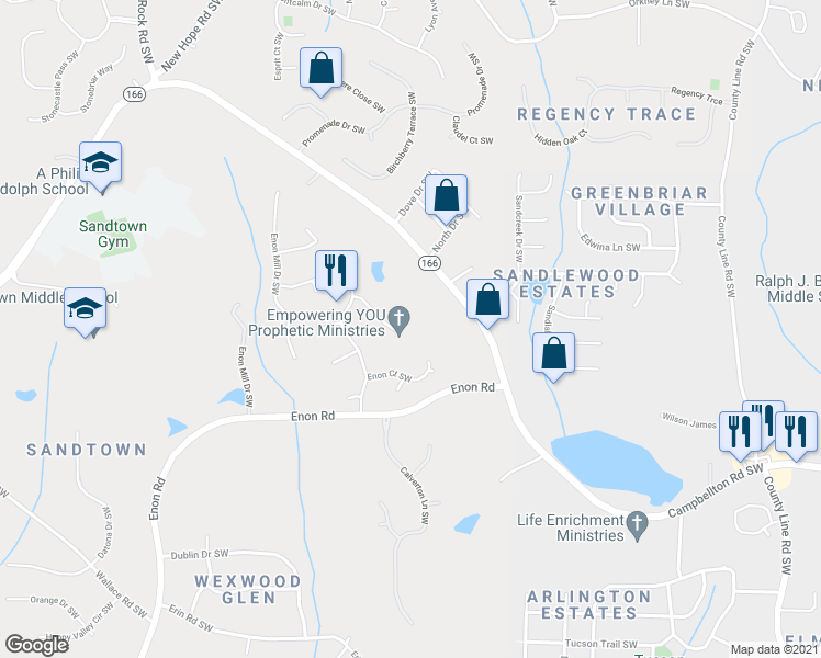 map of restaurants, bars, coffee shops, grocery stores, and more near 460 Piney Way Southwest in Atlanta