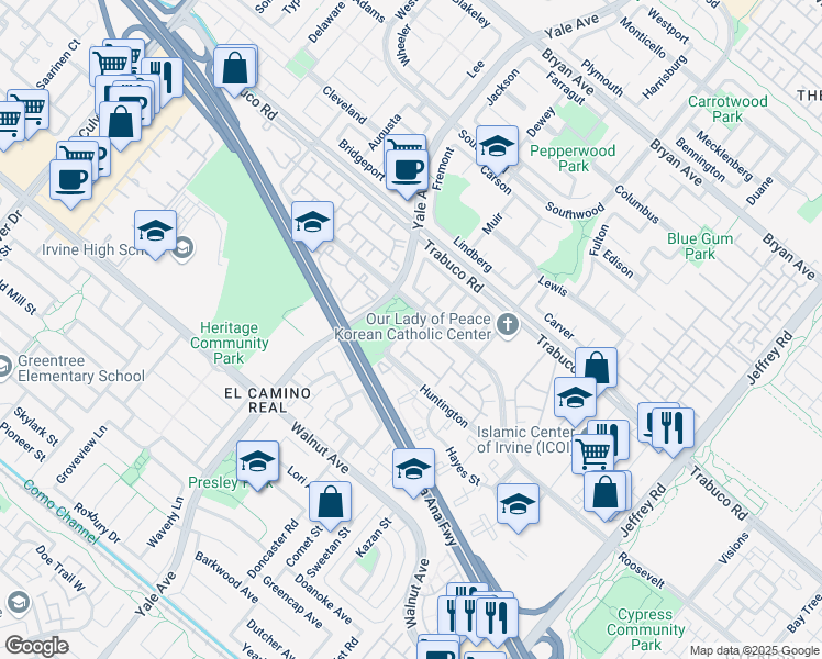 map of restaurants, bars, coffee shops, grocery stores, and more near 48 Van Buren in Irvine
