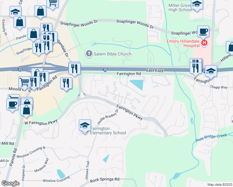 map of restaurants, bars, coffee shops, grocery stores, and more near 421 Meadowood Drive in Stonecrest