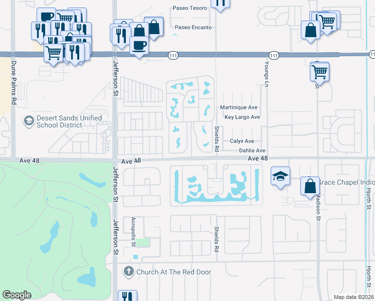 map of restaurants, bars, coffee shops, grocery stores, and more near 80394 Avenue 48 in Indio