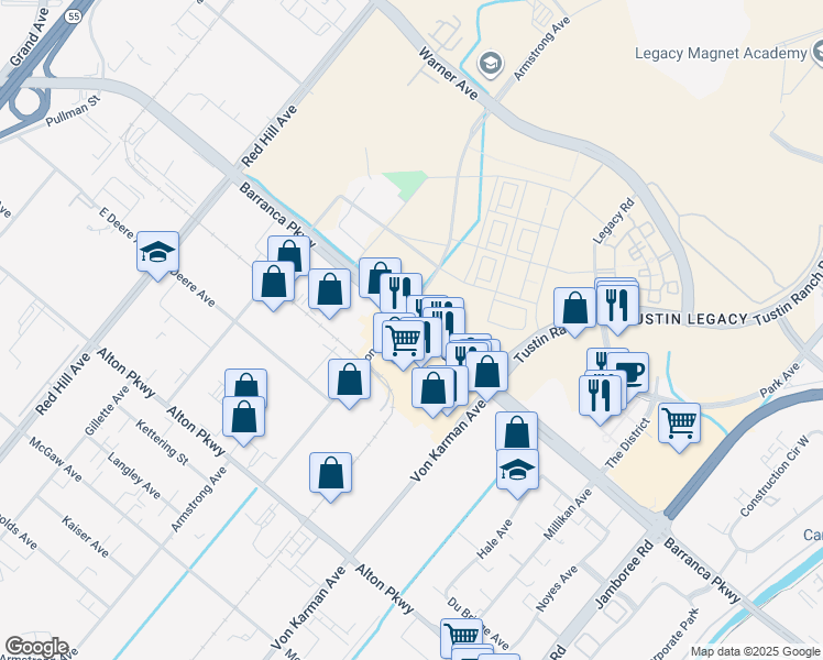 map of restaurants, bars, coffee shops, grocery stores, and more near 16500 Armstrong Avenue in Irvine