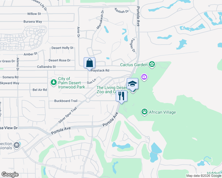 map of restaurants, bars, coffee shops, grocery stores, and more near 73746 Manzanita Court in Palm Desert