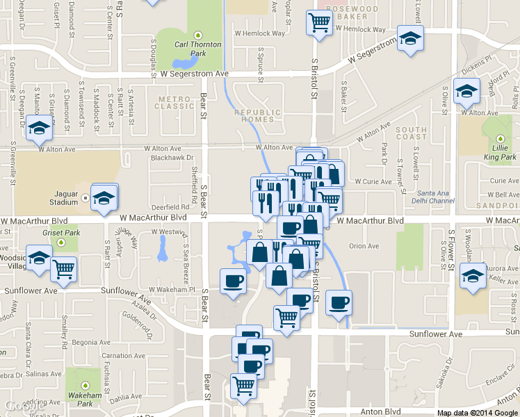 map of restaurants, bars, coffee shops, grocery stores, and more near in Santa Ana