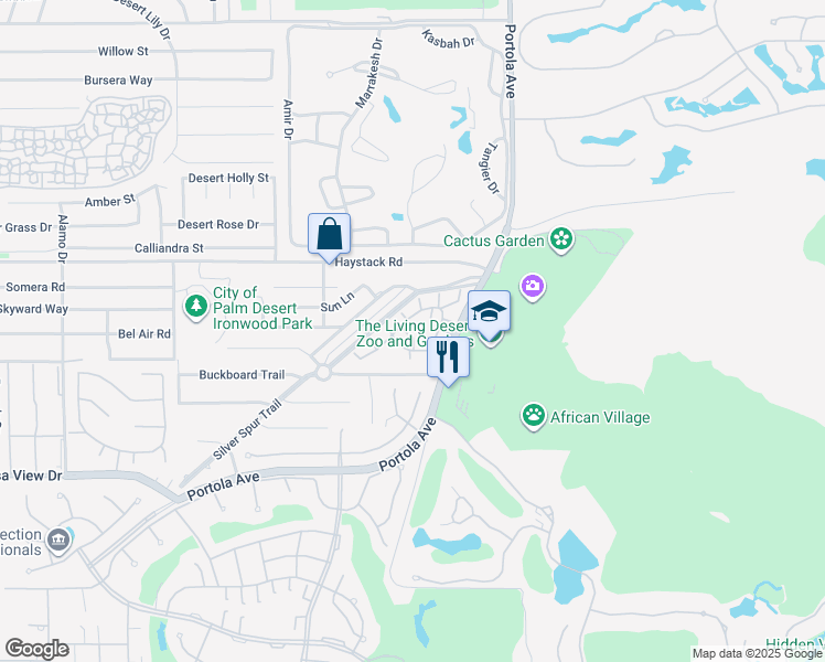 map of restaurants, bars, coffee shops, grocery stores, and more near 73750 Manzanita Court in Palm Desert
