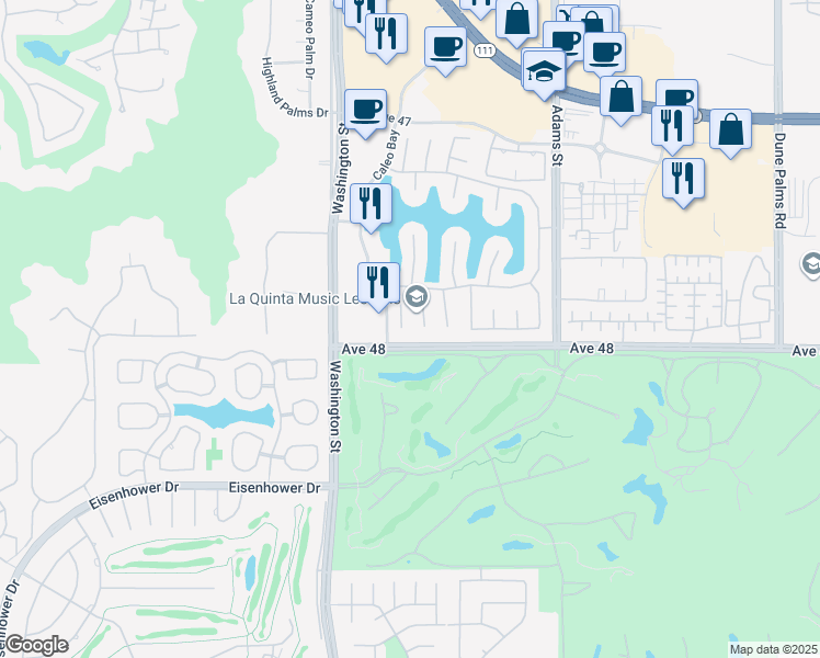 map of restaurants, bars, coffee shops, grocery stores, and more near 47960 Vía Firenze in La Quinta