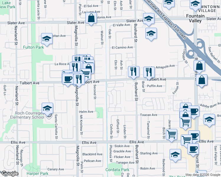 map of restaurants, bars, coffee shops, grocery stores, and more near 110 Sumac Lane in Fountain Valley