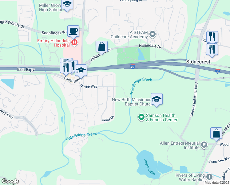 map of restaurants, bars, coffee shops, grocery stores, and more near 3111 Fields Drive in Stonecrest