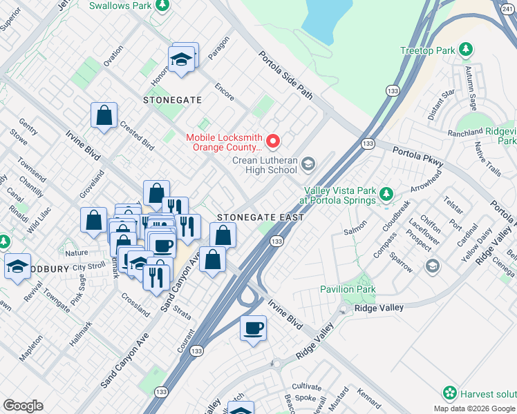 map of restaurants, bars, coffee shops, grocery stores, and more near 22 Maycrest in Irvine