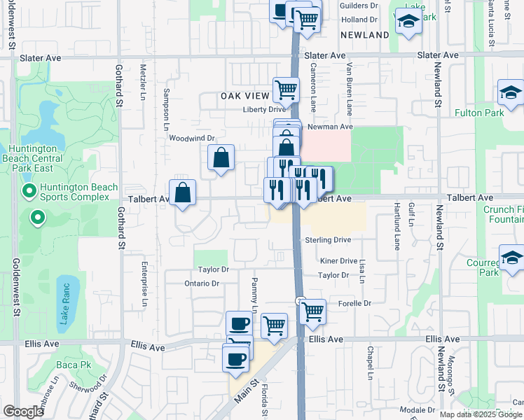 map of restaurants, bars, coffee shops, grocery stores, and more near 18051 Joyful Lane in Huntington Beach