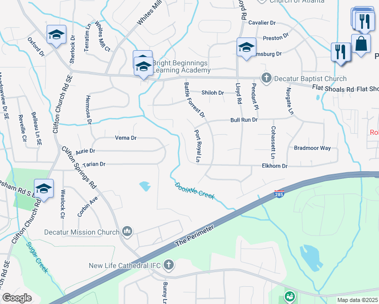 map of restaurants, bars, coffee shops, grocery stores, and more near 2432 Elkhorn Drive in Decatur