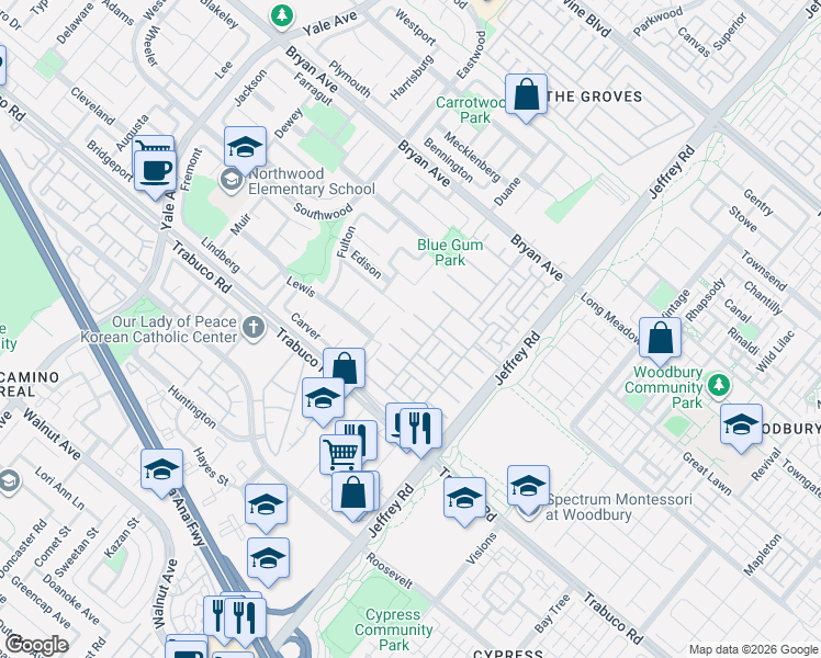 map of restaurants, bars, coffee shops, grocery stores, and more near 20 Teak Bridge in Irvine