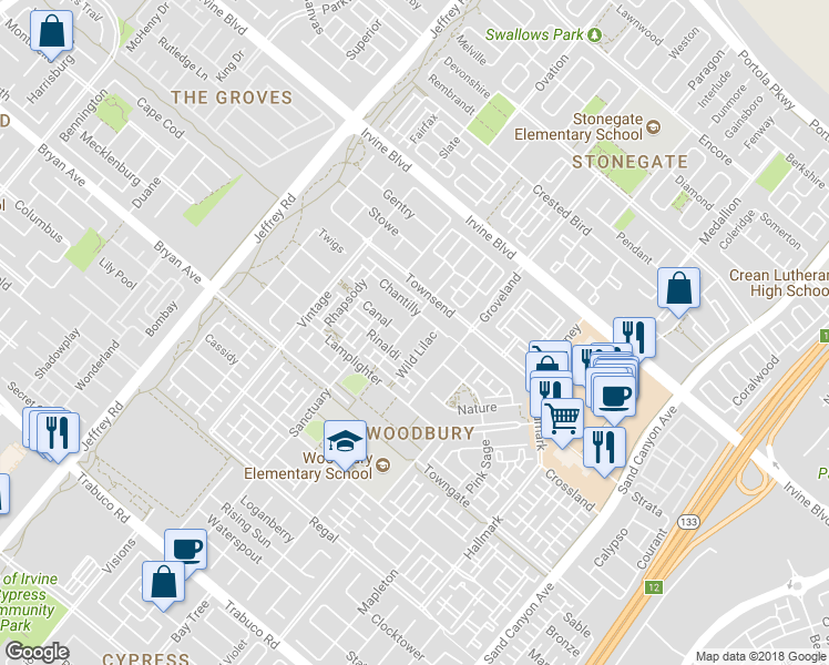 map of restaurants, bars, coffee shops, grocery stores, and more near 204 Guinevere in Irvine