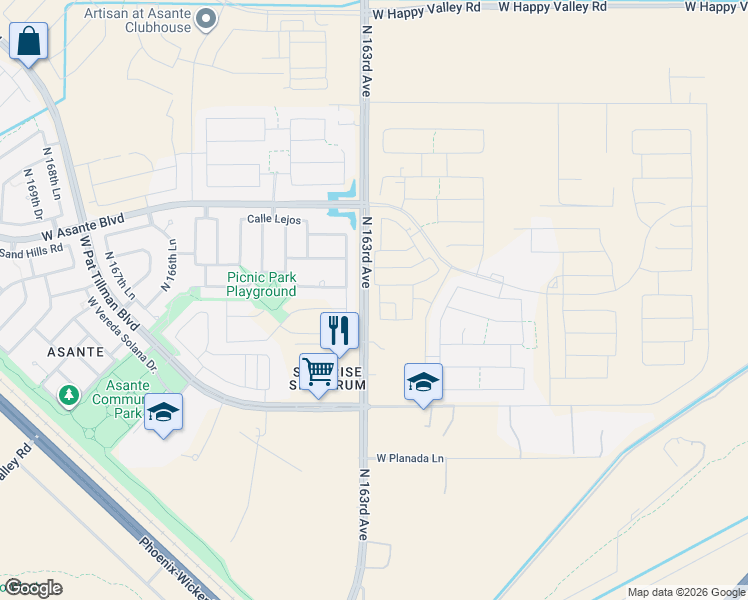 map of restaurants, bars, coffee shops, grocery stores, and more near 23849 North 163rd Drive in Surprise