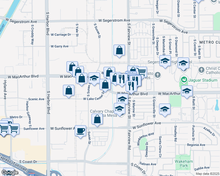 map of restaurants, bars, coffee shops, grocery stores, and more near 3101 West MacArthur Boulevard in Santa Ana