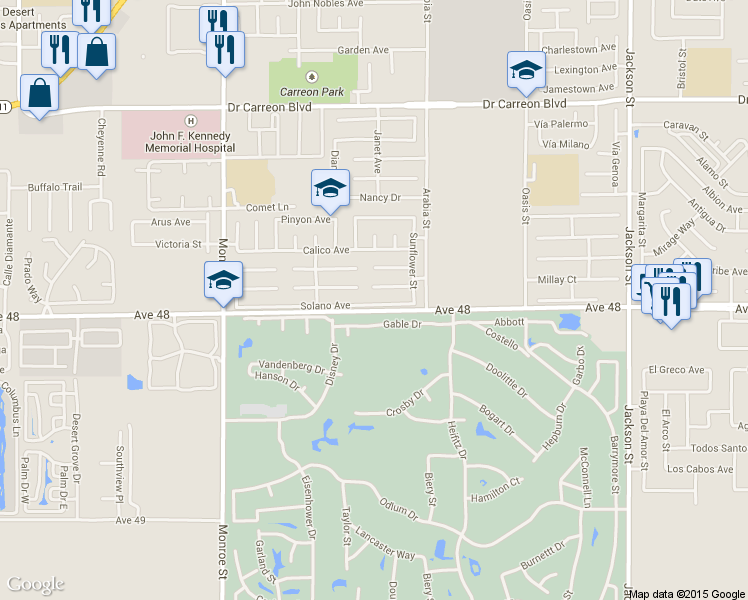 map of restaurants, bars, coffee shops, grocery stores, and more near 82312 Solano Avenue in Indio