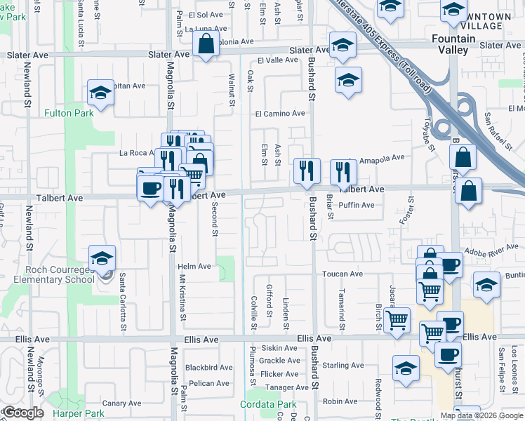 map of restaurants, bars, coffee shops, grocery stores, and more near 110 Sumac Lane in Fountain Valley