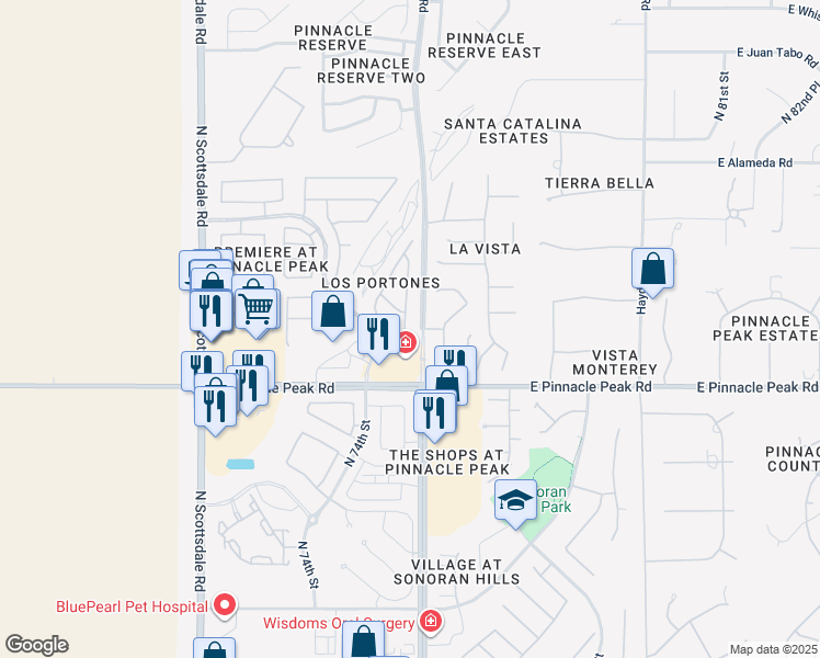 map of restaurants, bars, coffee shops, grocery stores, and more near 23585 North 75th Place in Scottsdale