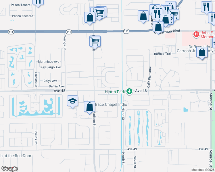 map of restaurants, bars, coffee shops, grocery stores, and more near 47800 Madison Street in Indio