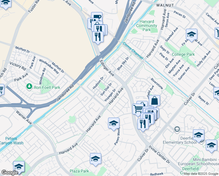 map of restaurants, bars, coffee shops, grocery stores, and more near 1320 Sun Dial Drive in Tustin