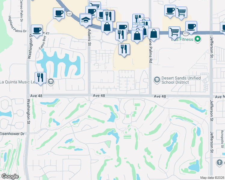 map of restaurants, bars, coffee shops, grocery stores, and more near 79185 Shadow Trail in La Quinta
