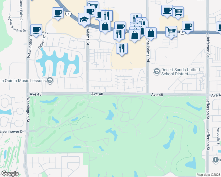 map of restaurants, bars, coffee shops, grocery stores, and more near 79185 Shadow Trail in La Quinta