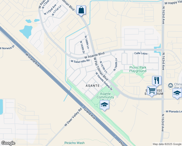 map of restaurants, bars, coffee shops, grocery stores, and more near 16875 West Soft Wind Drive in Surprise
