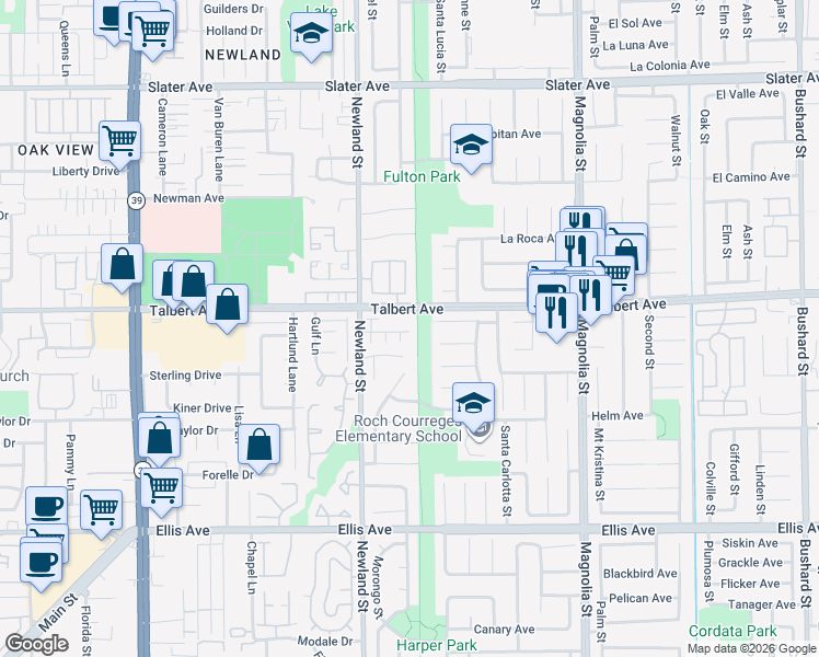 map of restaurants, bars, coffee shops, grocery stores, and more near 8611 Shadow Lane in Fountain Valley