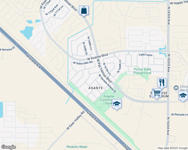 map of restaurants, bars, coffee shops, grocery stores, and more near 16875 West Soft Wind Drive in Surprise