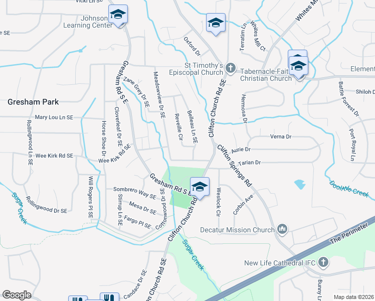 map of restaurants, bars, coffee shops, grocery stores, and more near 2947 Reveille Circle in Atlanta