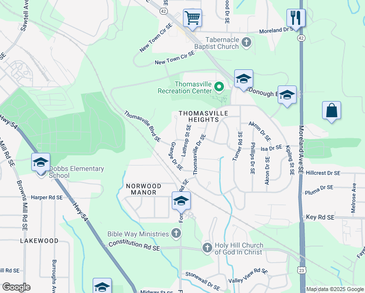 map of restaurants, bars, coffee shops, grocery stores, and more near 1985 Lathrop Street Southeast in Atlanta