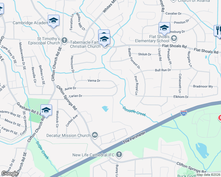 map of restaurants, bars, coffee shops, grocery stores, and more near 2373 Aurie Drive in Decatur