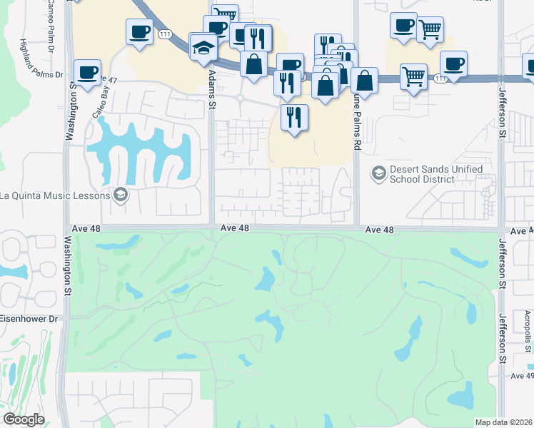map of restaurants, bars, coffee shops, grocery stores, and more near 79185 Shadow Trail in La Quinta