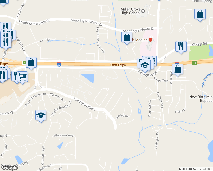 map of restaurants, bars, coffee shops, grocery stores, and more near 2804 Norfair Loop in Stonecrest