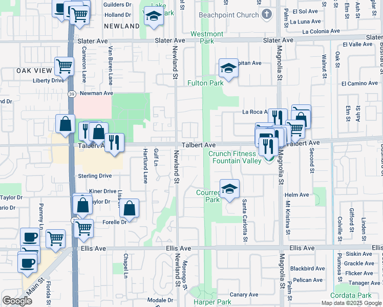 map of restaurants, bars, coffee shops, grocery stores, and more near 8571 Shadow Lane in Fountain Valley
