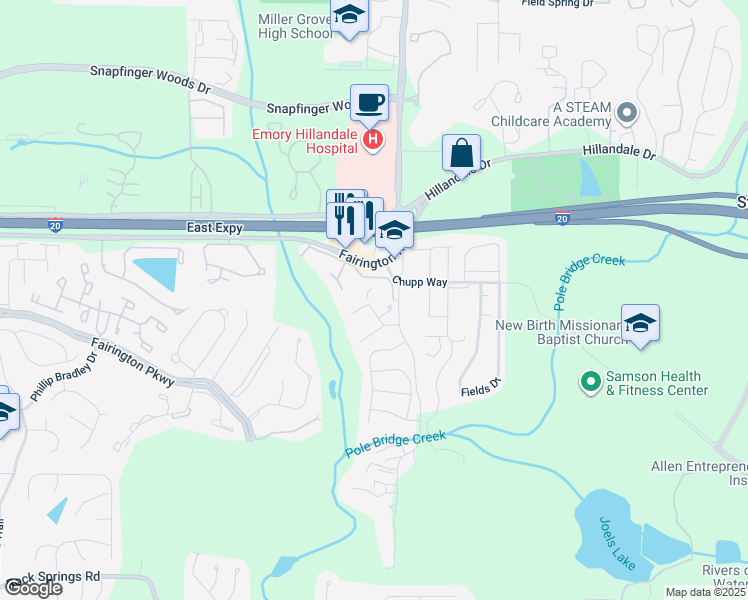 map of restaurants, bars, coffee shops, grocery stores, and more near 2932 Parc Lorraine in Lithonia