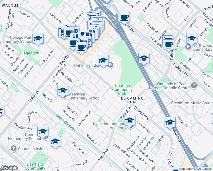 map of restaurants, bars, coffee shops, grocery stores, and more near 14511 Countrywood Lane in Irvine