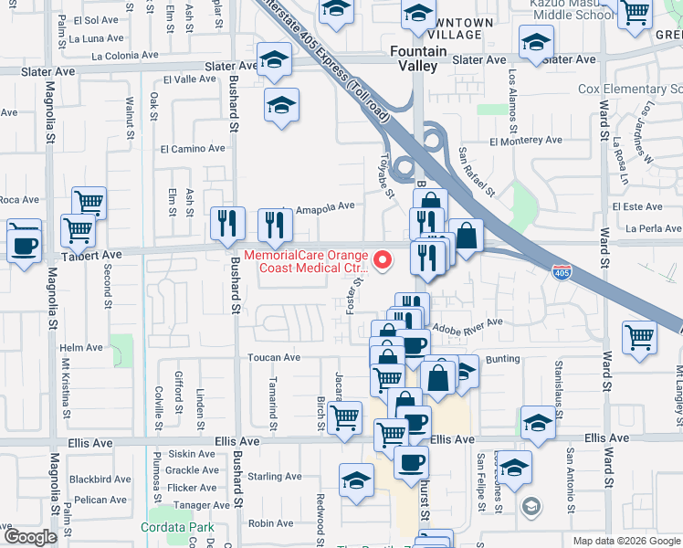 map of restaurants, bars, coffee shops, grocery stores, and more near 18084 Lemon Street in Fountain Valley
