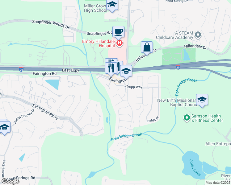 map of restaurants, bars, coffee shops, grocery stores, and more near 2972 Parc Lorraine in Stonecrest