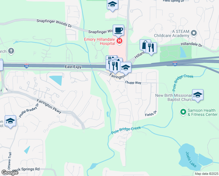 map of restaurants, bars, coffee shops, grocery stores, and more near 103 Tiburon Court in Stonecrest