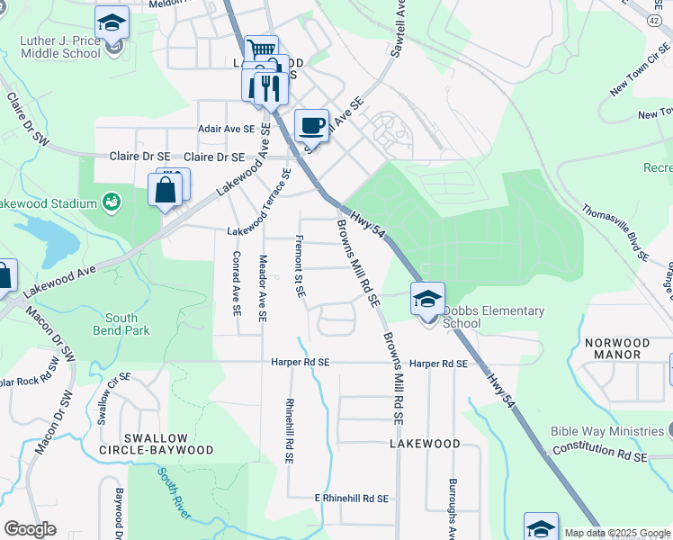 map of restaurants, bars, coffee shops, grocery stores, and more near 340 Adelle Street Southeast in Atlanta