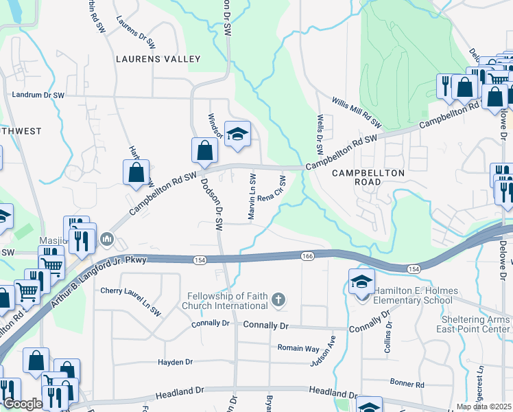 map of restaurants, bars, coffee shops, grocery stores, and more near 2006 Rena Circle Southwest in Atlanta