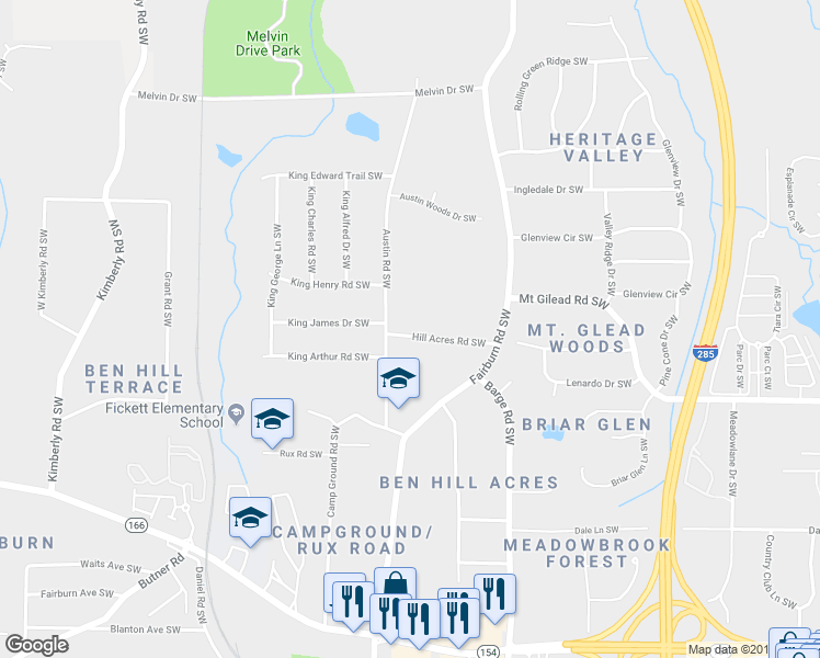 map of restaurants, bars, coffee shops, grocery stores, and more near 3721 Hill Acres Road Southwest in Atlanta