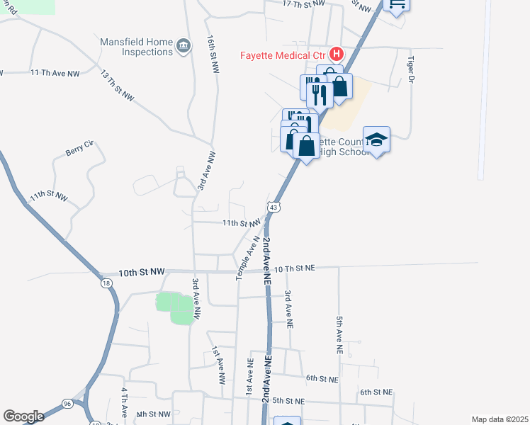 map of restaurants, bars, coffee shops, grocery stores, and more near 1342-1364 Temple Avenue North in Fayette