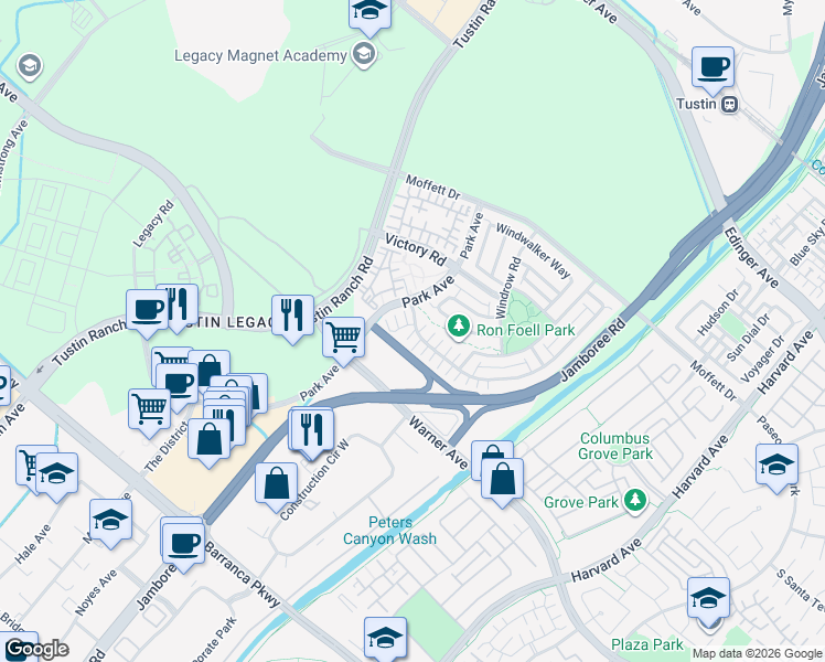 map of restaurants, bars, coffee shops, grocery stores, and more near 11 Barnes Road in Tustin