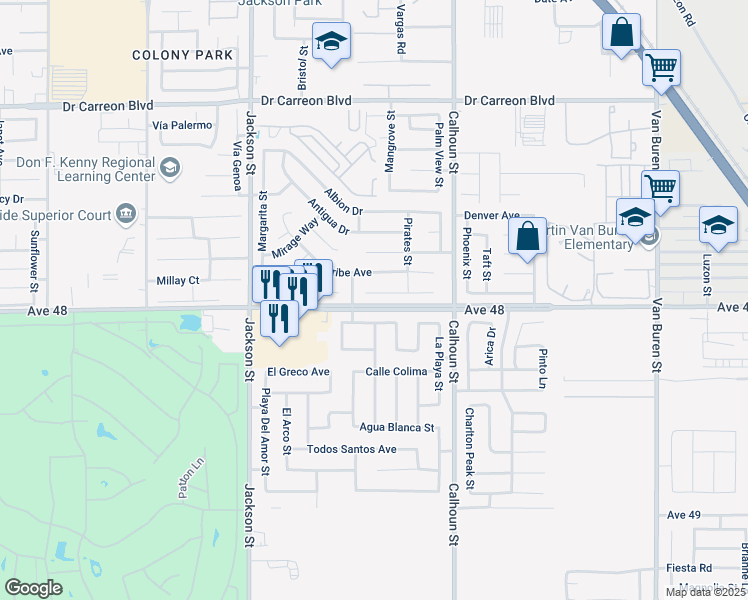map of restaurants, bars, coffee shops, grocery stores, and more near 83305 Calypso Circle in Indio
