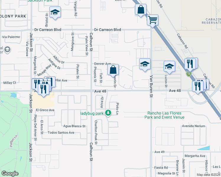 map of restaurants, bars, coffee shops, grocery stores, and more near 83637 Sacramento Avenue in Indio