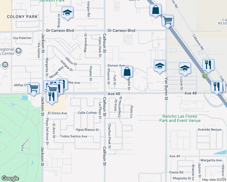 map of restaurants, bars, coffee shops, grocery stores, and more near 83581 Sacramento Avenue in Indio
