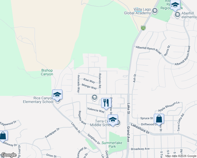 map of restaurants, bars, coffee shops, grocery stores, and more near 16496 Nectarine Way in Lake Elsinore